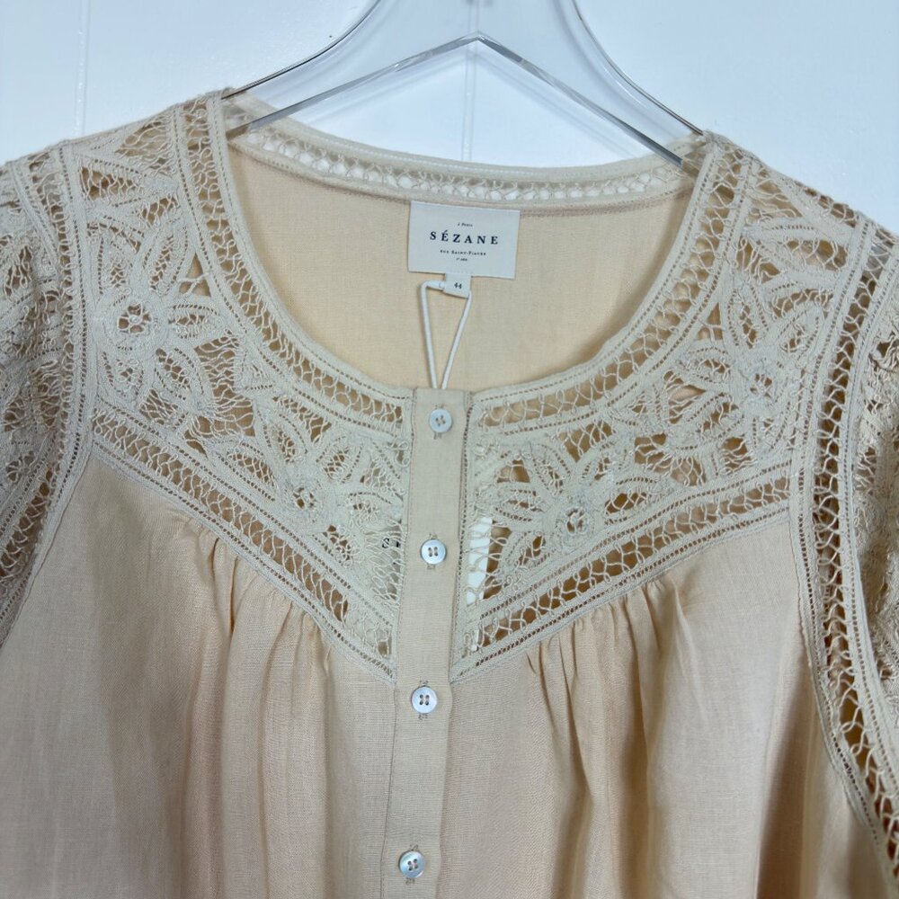 NWT Sézane Donia Blouse Beige Linen/Cotton Blend Lace Long Sleeve T44/UK16/US - Picture 13 of 16